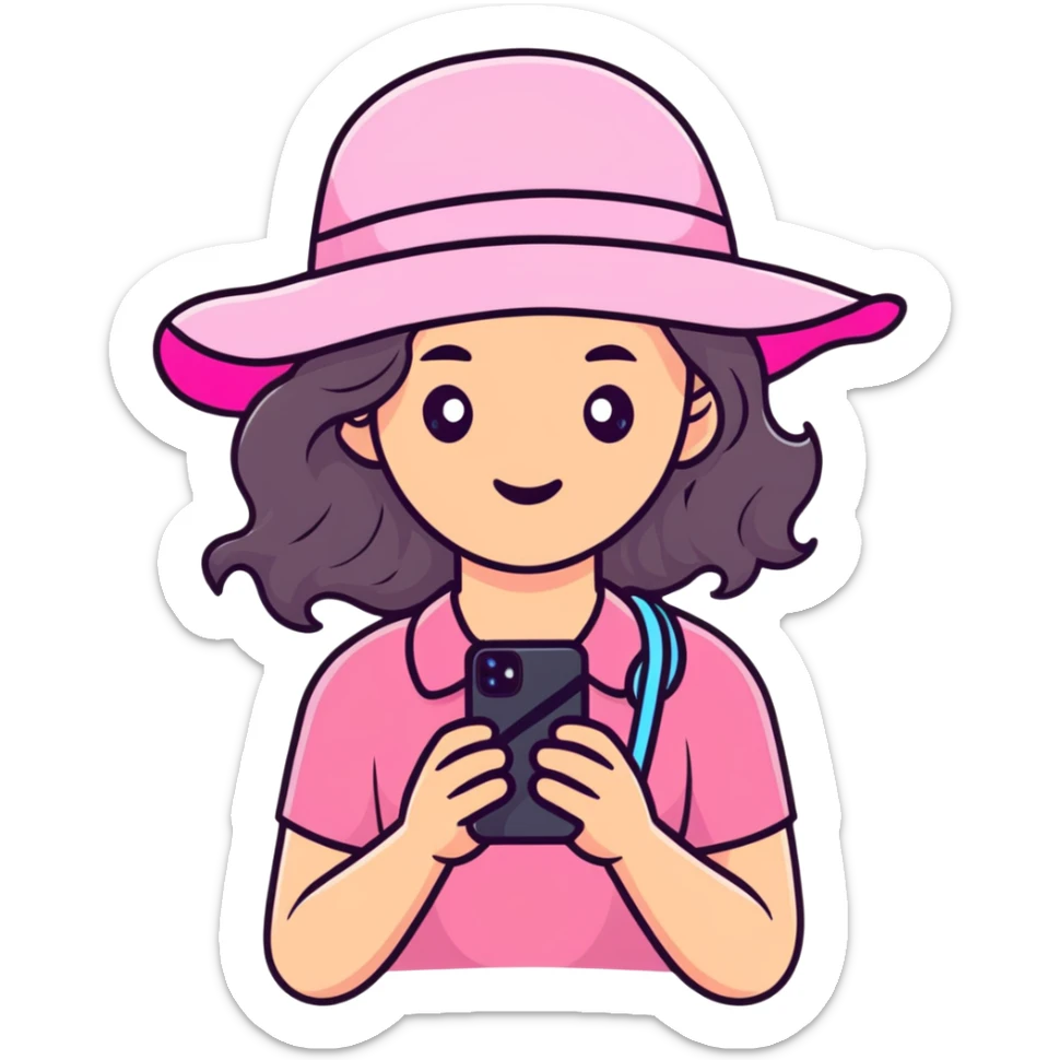 white girl with wavy hair holding her phone and a pink beach hat sticker