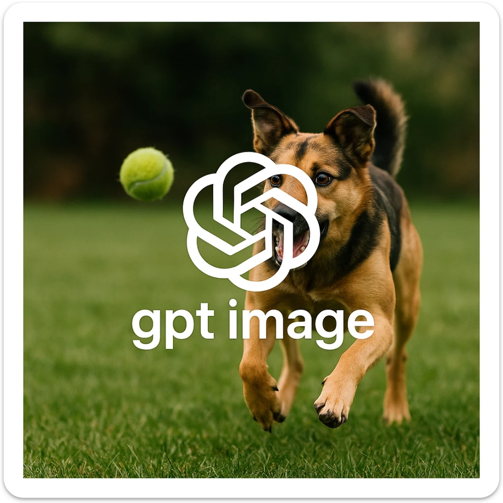  logo of chat gpt with text "gpt image" on the background of a dog chasing ball, realistic image sticker