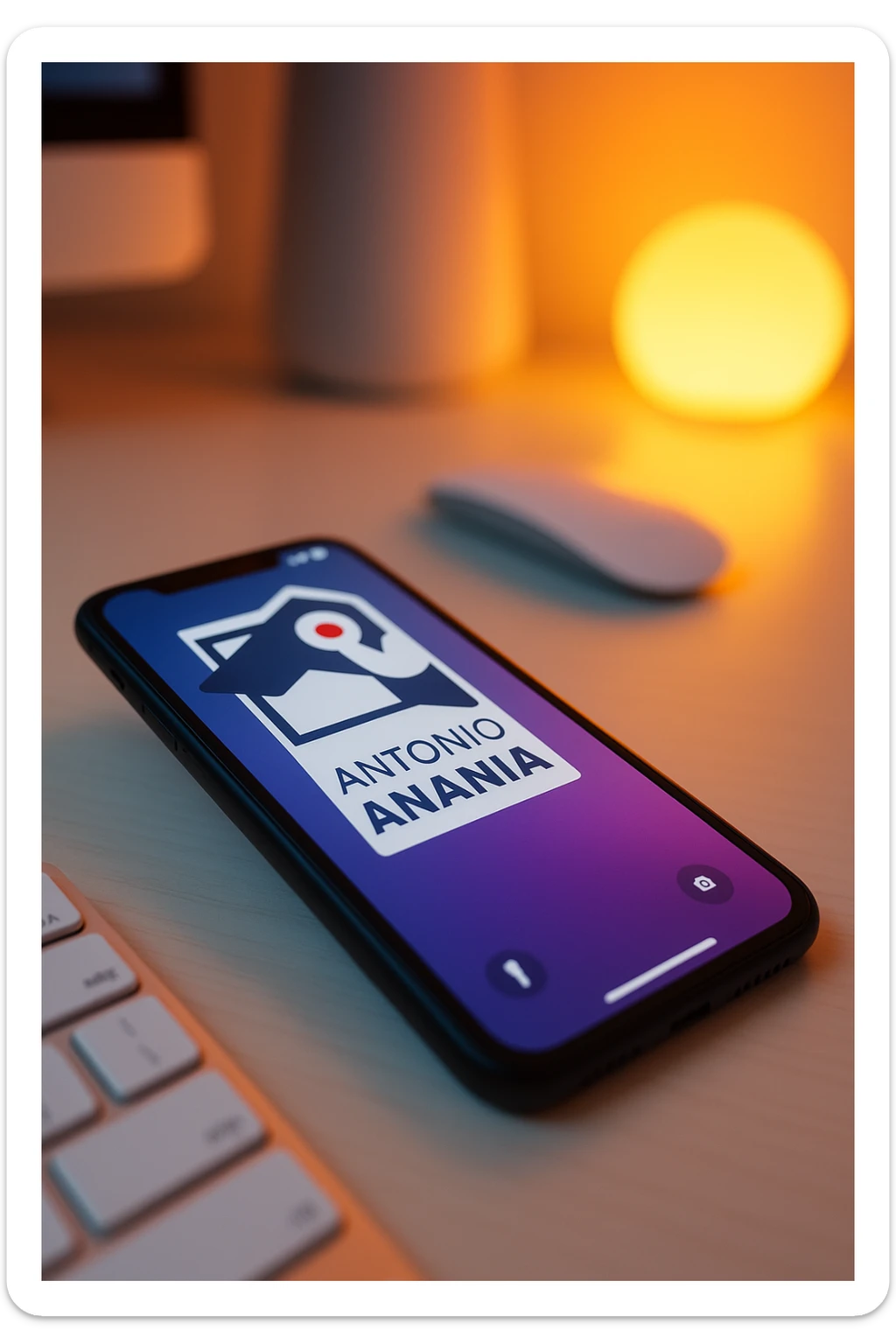 A photo of an iPhone on the desk with the message "Antonio Anania" on its screen, The phone sits atop a desk with a blurred background that suggests work environment. A faint glow from above casts gentle shadows across the surface of each object, creating depth and highlighting their textures sticker