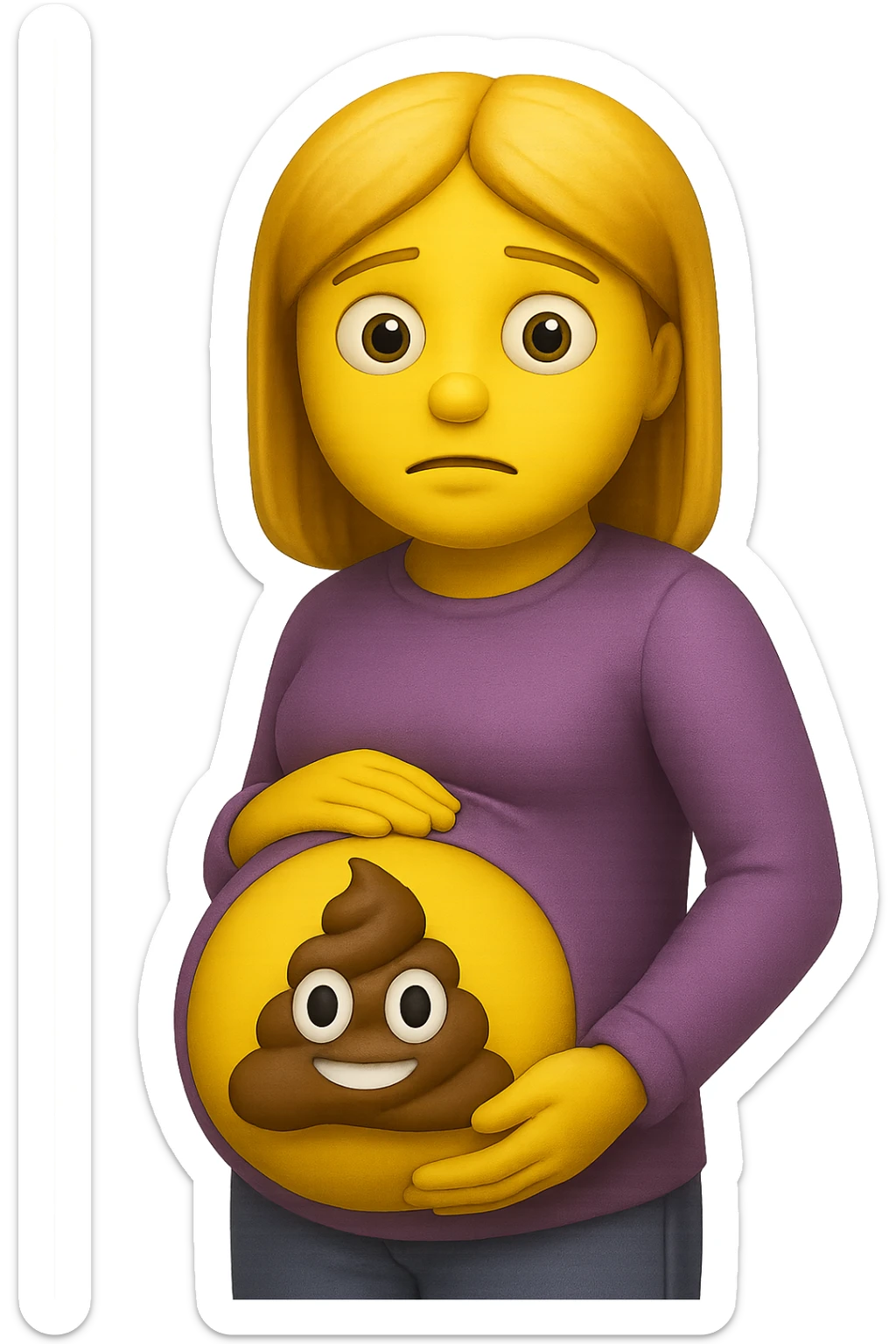 emoji stile iphone di una donna con pancia gonfia piena di cacche con gli occhi, iperrealistico 4k sticker