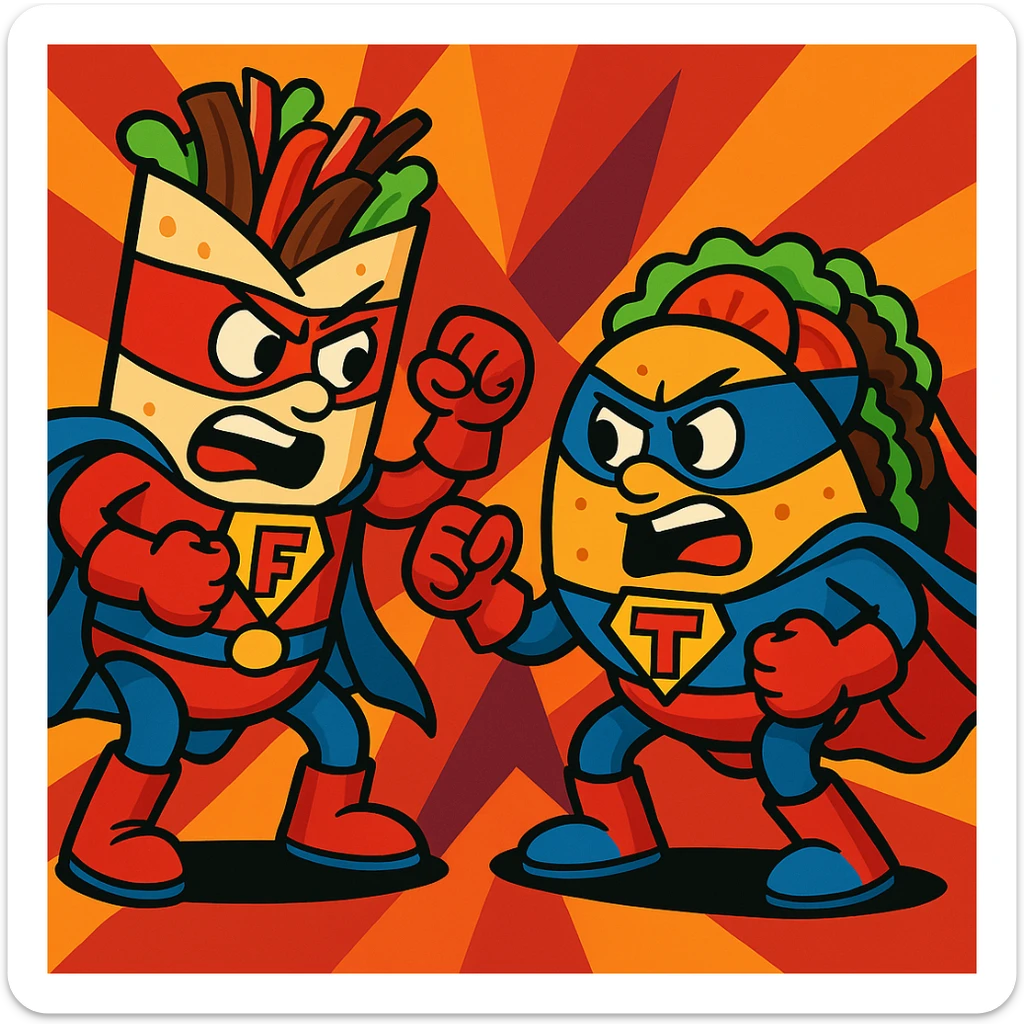 Add superhero costumes to the fajita and taco as they playfully fight in a vibrant cartoon style, keep the background as is. sticker