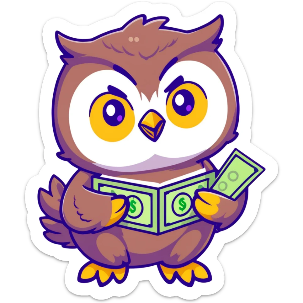 cute owl character symbolizing wealth luck, large green eyes, sparkling golden feathers, holding a money pouch in its feet, pastel tones, charming sticker style sticker