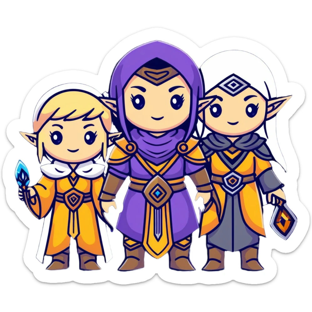 Lineage 2 female characters with Human mystic, Elven ranger, female Dwarf artisan, and Dark Elf sorceress sticker