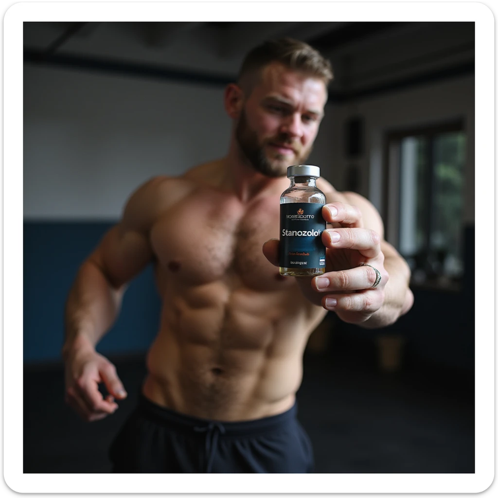 realistic photo of a crossfit athlete holding a vial labeled 'Stanozololo', tense muscles, bright light, modern gym background sticker