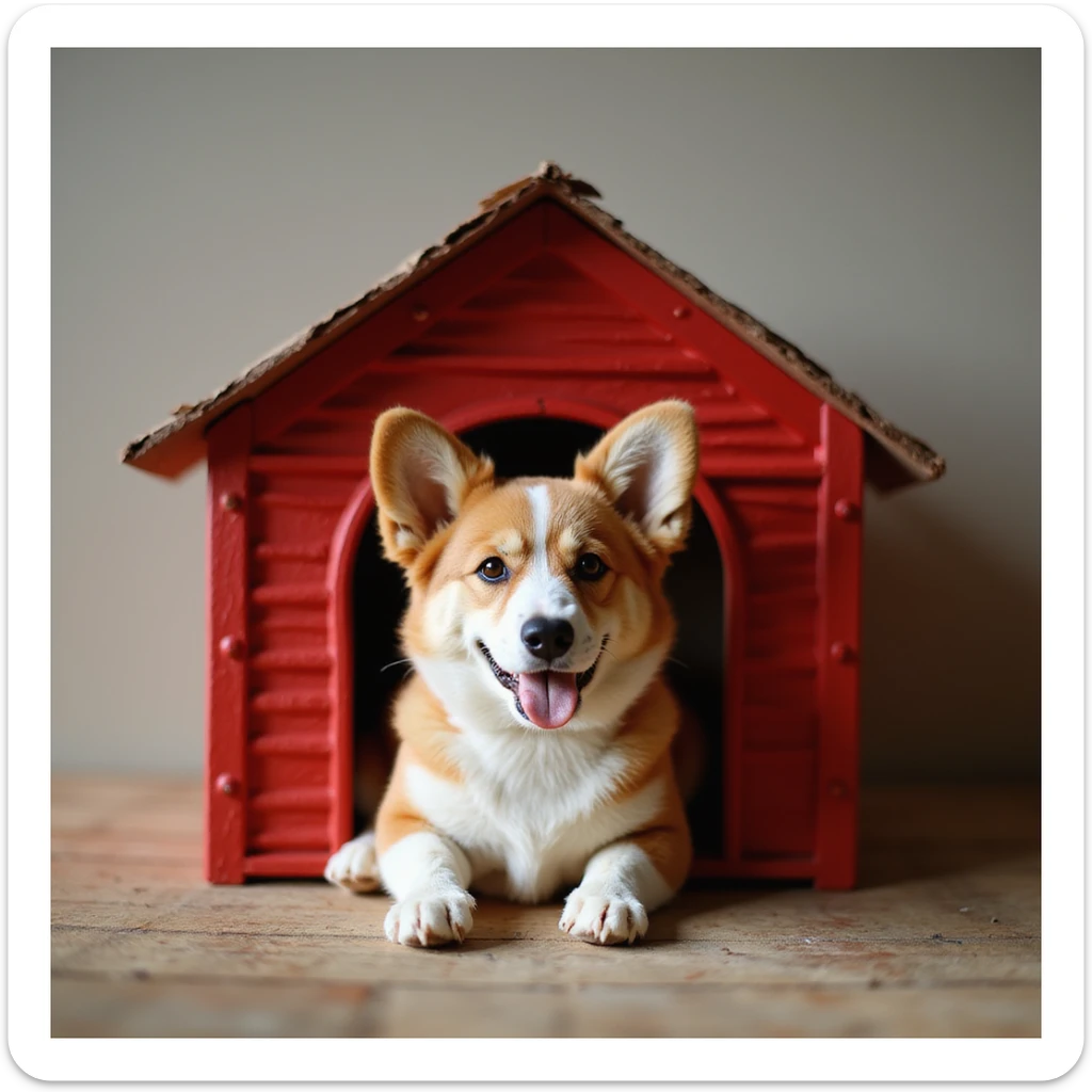 realistic red dog house with a Corgi dog inside, Corgi with a plush toy, photorealistic style sticker