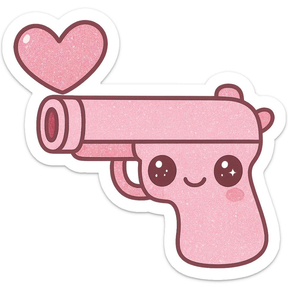 Add sparkling glitter details to the kawaii pink heart pistol, keeping the cute face and big eyes, with no background. sticker