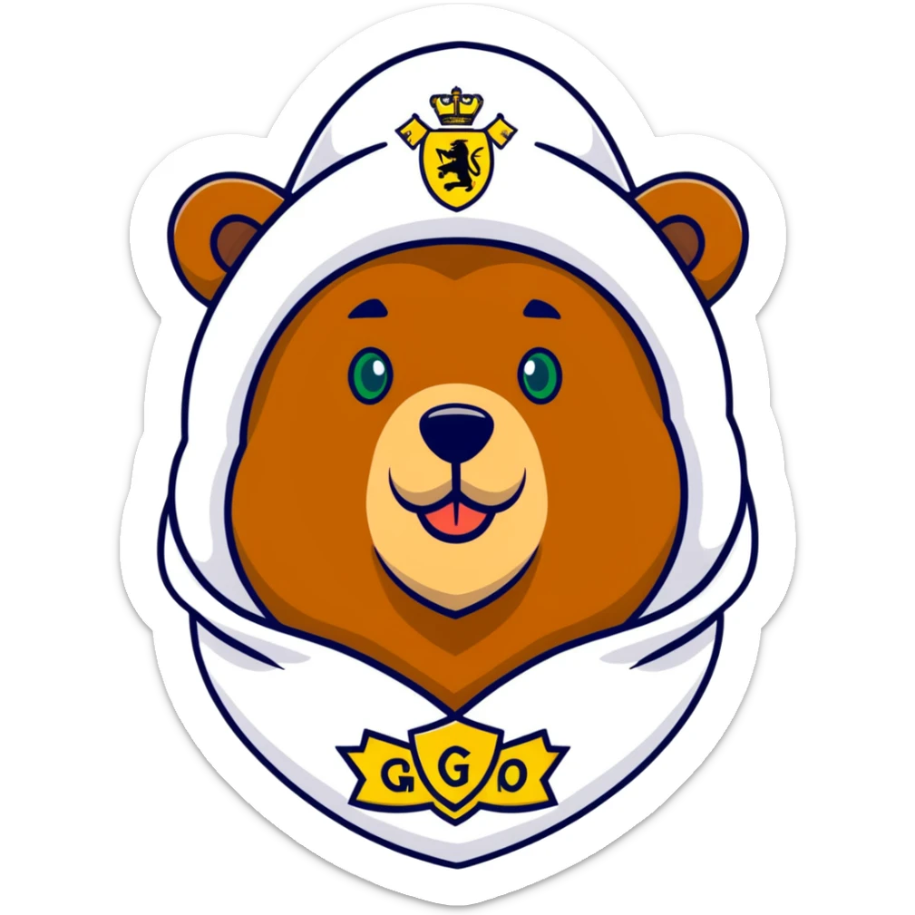Cute grizzly bear face with green eyes, wearing a white fur hat with golden Russian coat of arms in the middle sticker