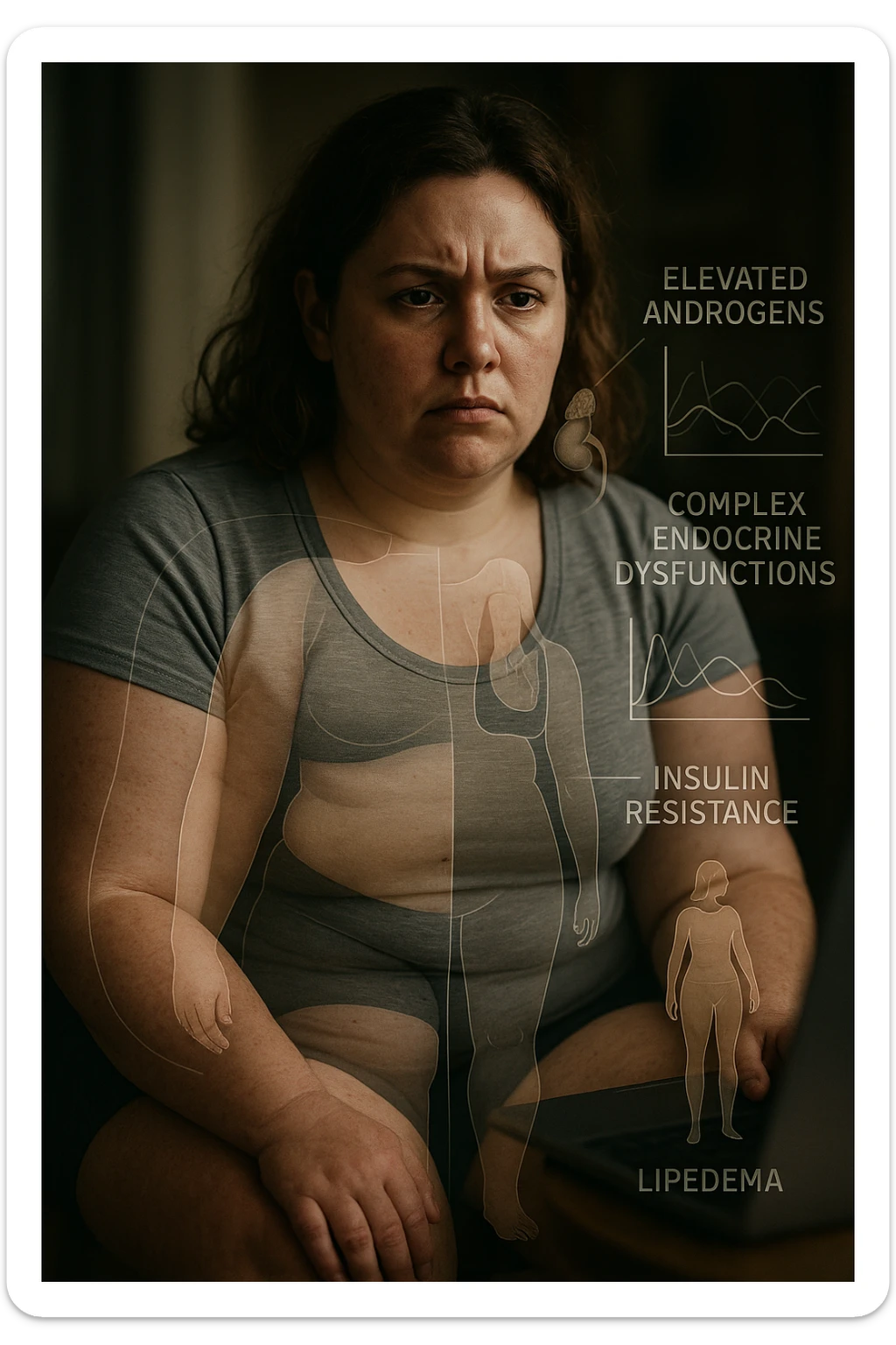 cinematic realistic in italiano Woman with PCOS struggling with hormonal chaos, transparent overlay showing elevated androgens and insulin resistance affecting her body, lipedema causing disproportionate fat accumulation in legs and arms despite normal torso, expression of frustration with unexplained weight gain, medical charts showing complex endocrine dysfunction, painful swollen limbs contrasting with metabolic confusion in italiano sticker