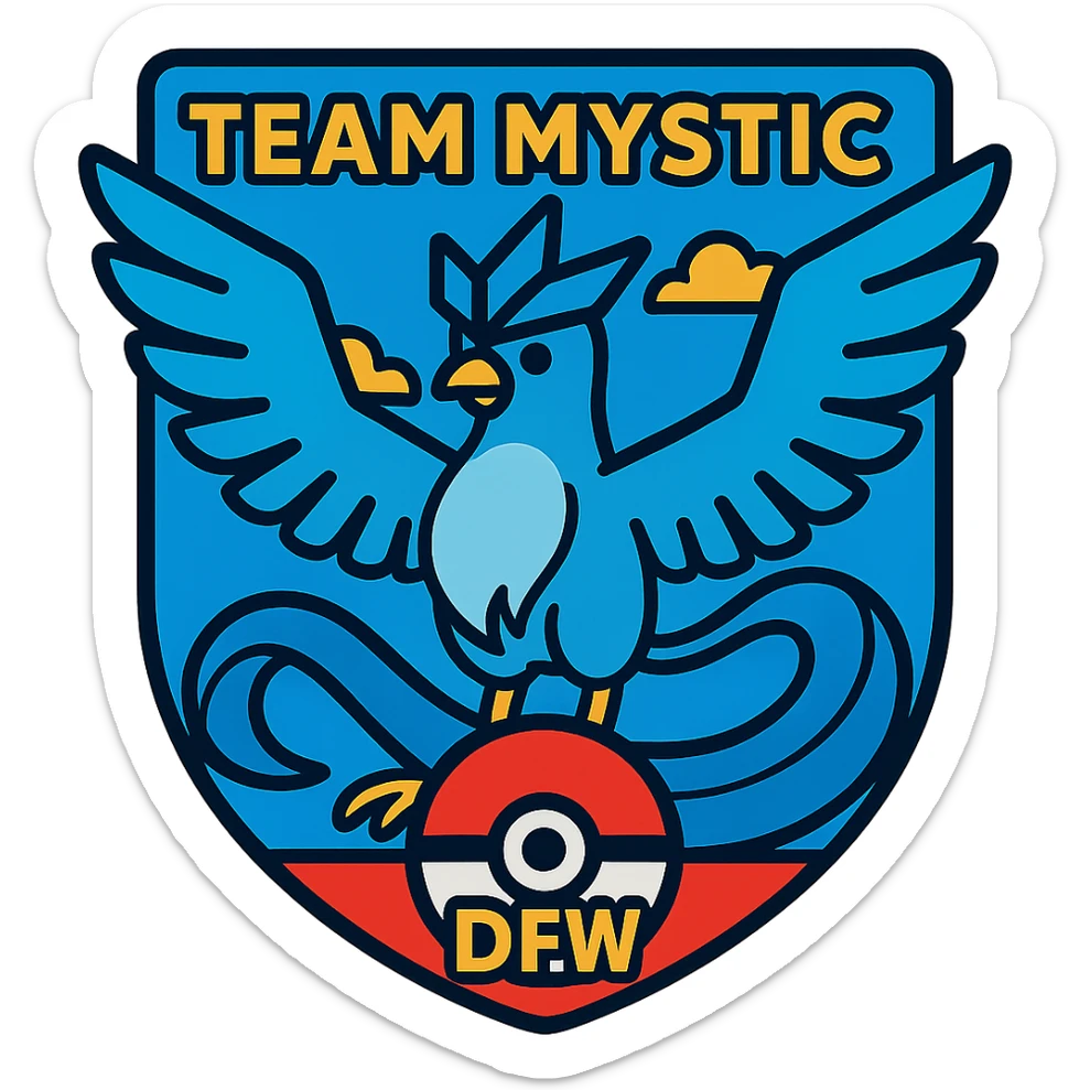 Incorporate a Pokéball into the badge-style Team Mystic DFW logo, using electric blue accents and keeping Articuno as the focus, enhancing the badge design. sticker