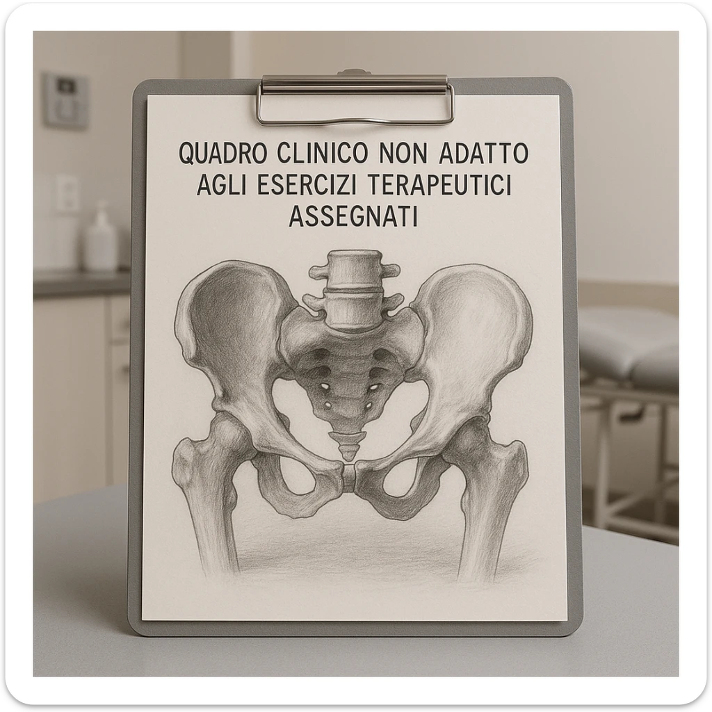 realistic drawing of a human pelvis tilted in the center on a sheet of paper in a clinical environment, with the title at the top written 'quadro clinico non adatto agli esercizi terapeutici assegnati', realistic details, professional atmosphere, neutral background sticker