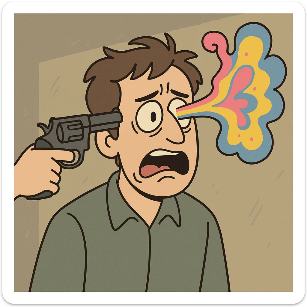 dramatic cartoon of a person with a gun to their head, surreal metaphorical twist, no blood sticker