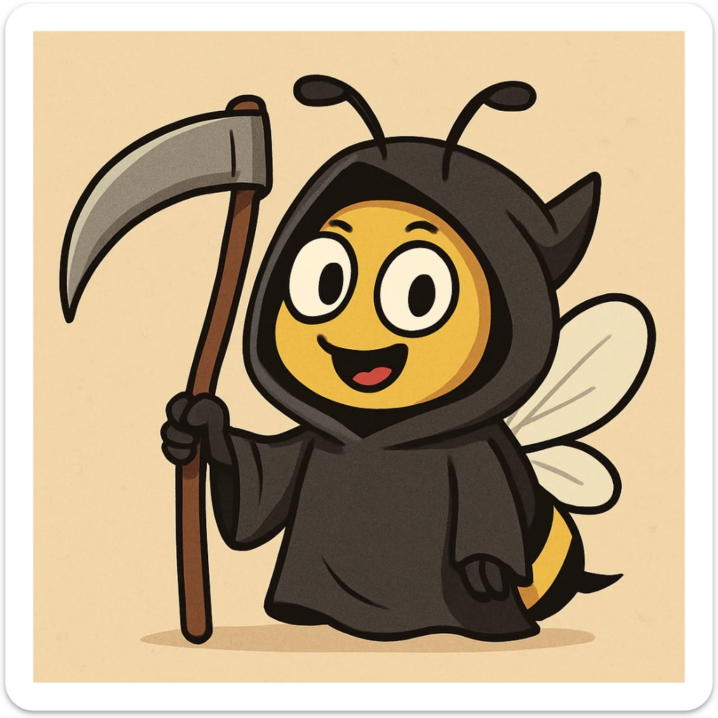 cartoon bee reimagined as a friendly grim reaper, with a cloak and bee antennae sticker