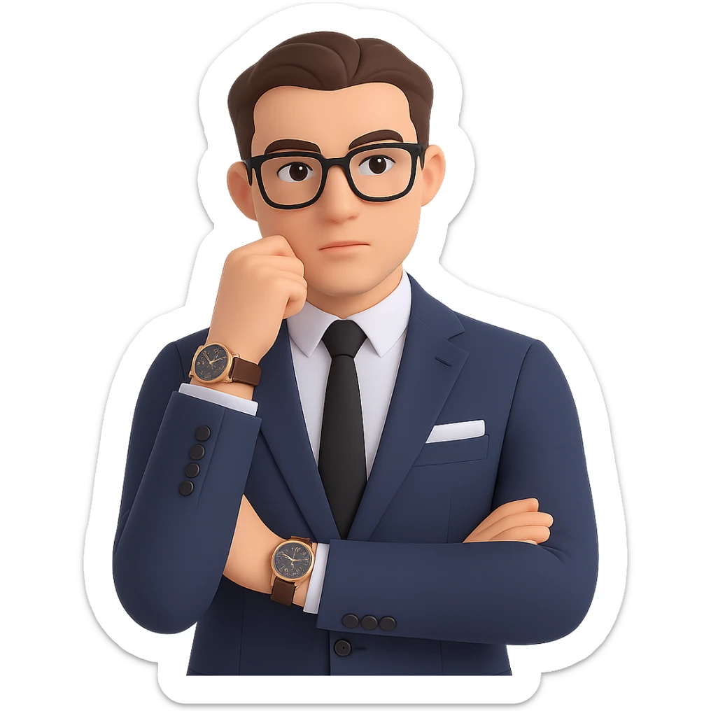 Add stylish glasses to the thoughtful businessman, keeping the luxury watch visible and the expression contemplative and curious, with a clean background. Maintain a clean background and focus on the glasses and expression enhancement. sticker
