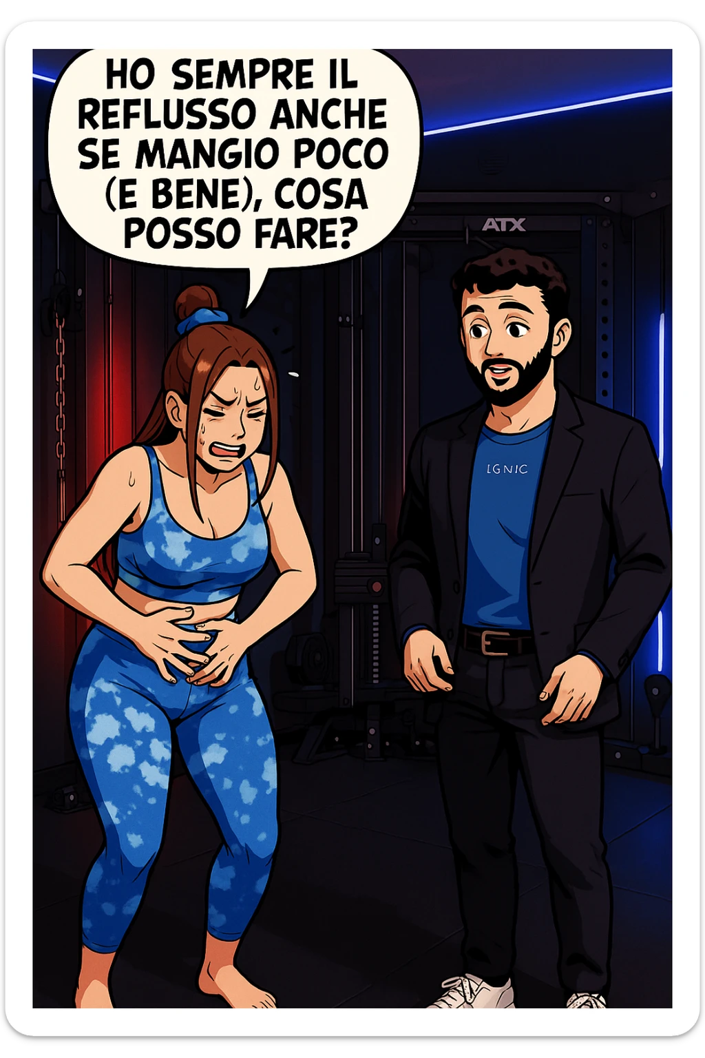 TRASFORMA QUESTO CAROSELLO IN UN FUMETTO STILE WEBTOON/MANGA A COLORI CON QUESTE DUE PERSONE IDENTICHE CHE INTERLOQUISCONO TRA LORO, LA DONNA è DISPERATA CON LE MANI sulla pania perché soffre di reflusso E STA DOMANDANDO TUTTA AGITATA UNA COSA ALL'UOMO:

LEI (DONNA): Ho sempre il reflusso anche se mangio poco (e bene), cosa posso fare?
 sticker
