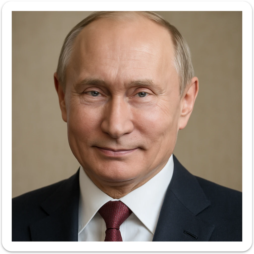 highly realistic portrait of Vladimir Putin, smiling gently, detailed facial features, photorealistic style sticker
