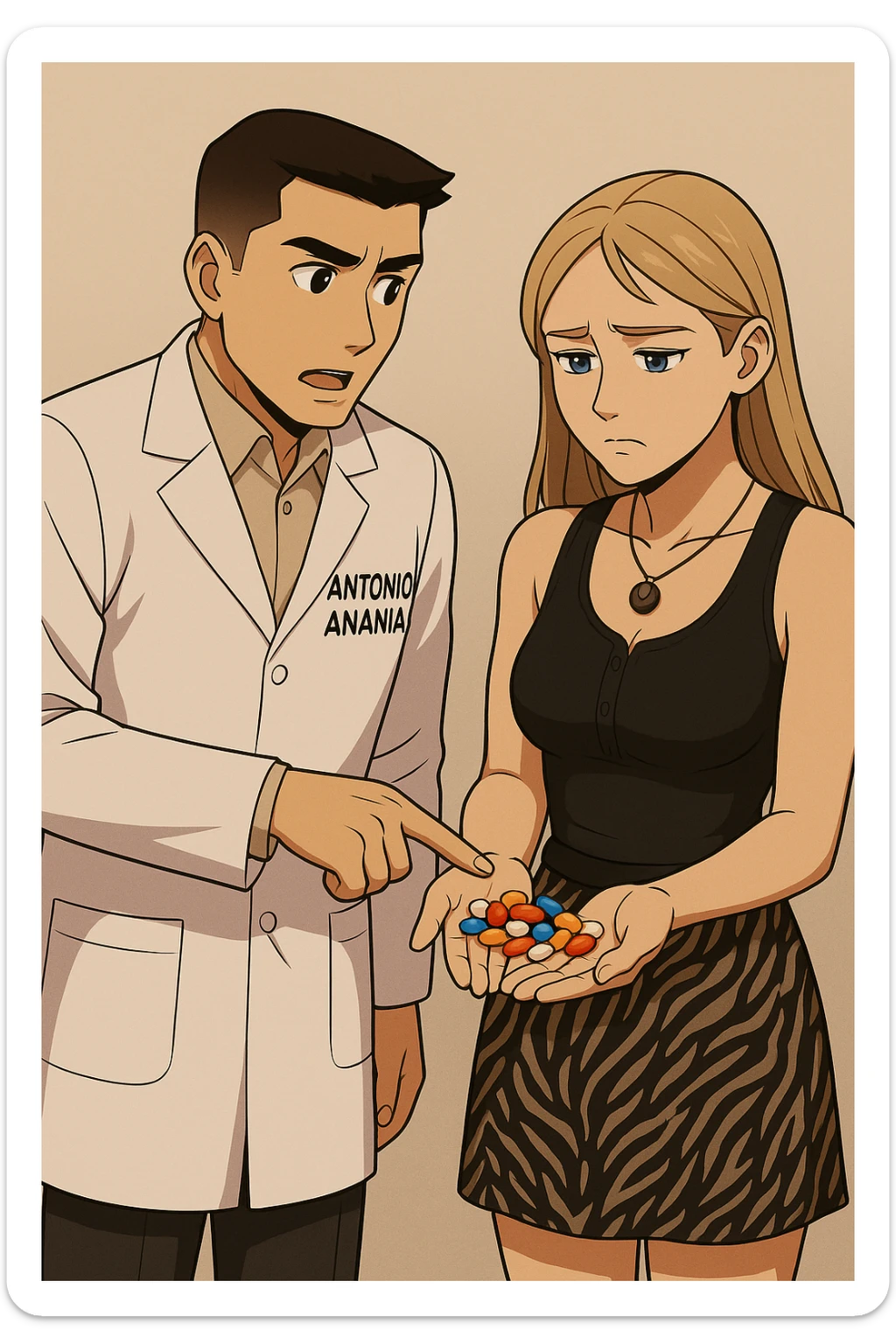 fai un webtoon/manga a colori con questo kinesiologo in camice bianco (fagli la scritta "ANTONIO ANANIA" SUL CAMICE) CHE PARLA CON QUESTA RAGAZZA CON GLI OCCHI AZZURRI. LA RAGAZZA HA UN PUGNO DI INTEGRATORI IN MANO (TANTE PILLOLE DIVERSE) E LE GUARDA DUBBIOSA. IL KINESIOLOGO CON IL CAMICE BIANCO LE TOCCA LA PANCIA CON UN DITO. NON FARE I FUMETTI, FAI SOLO LORO COME SE DIALOGASSERO sticker