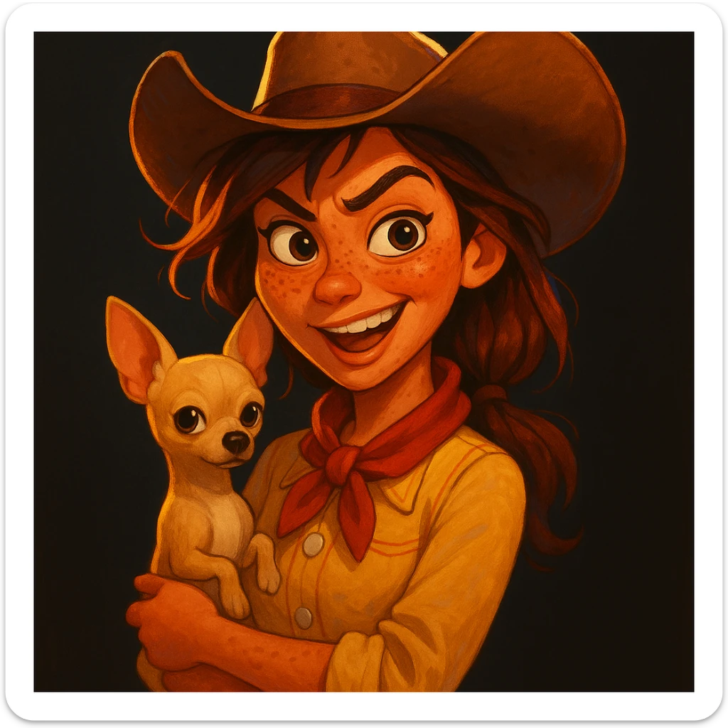 Portrait of a tanned female cowboy with freckles, brown hair with auburn highlights, rebellious and playful expression, Pixar art style, holding a beige-brown chihuahua, dark background, bright illustration, large expressive eyes, vivid colors sticker