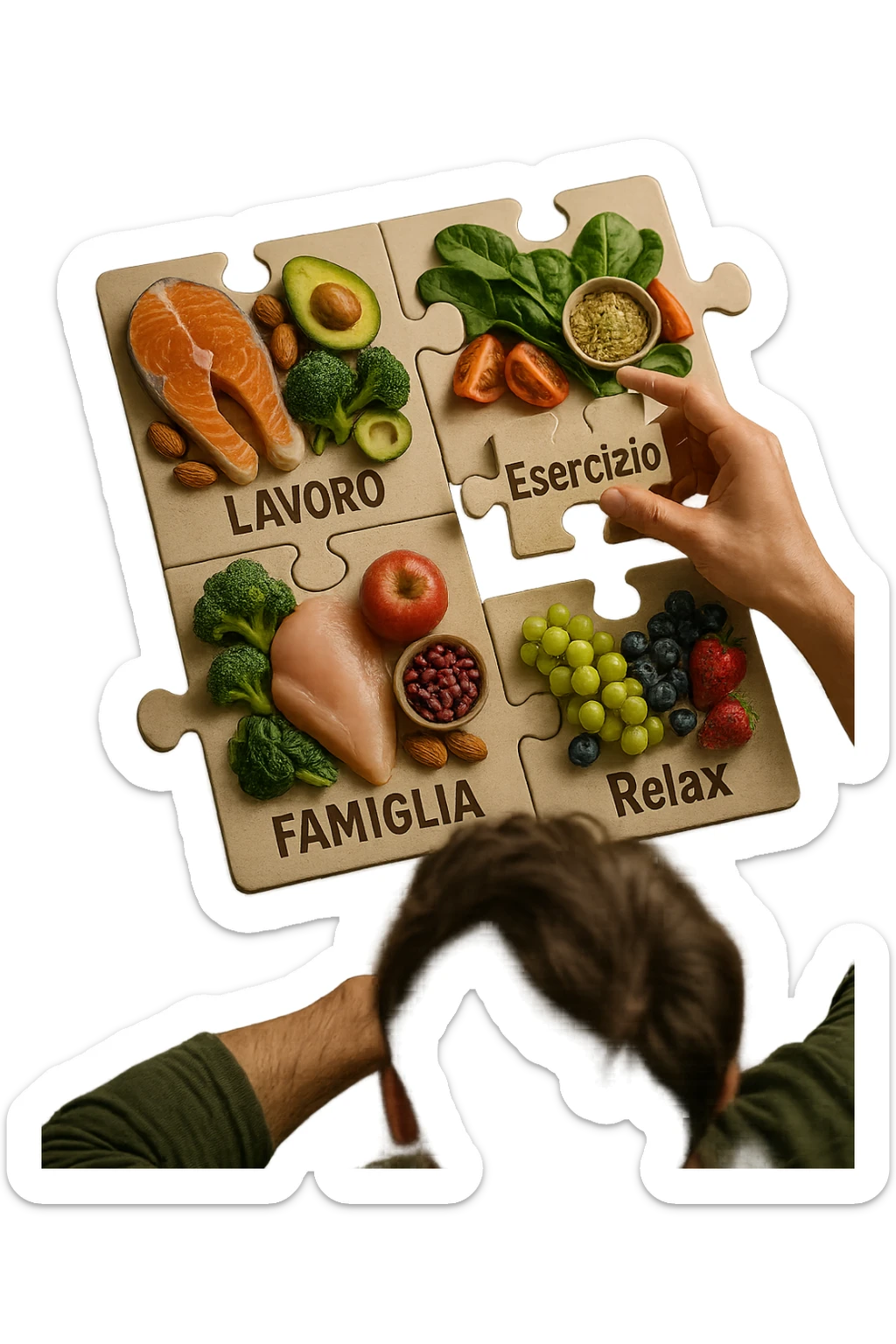 realistica cinematic photo a person is surrounded by puzzle pieces, each representing a different aspect of their life (Lavoro, Esercizio, Famiglia, Relax), and healthy foods are integrated into each piece. The person assembles the puzzle, creating a complete, personalized nutrition plan. The mood is uplifting and creative. in italiano sticker