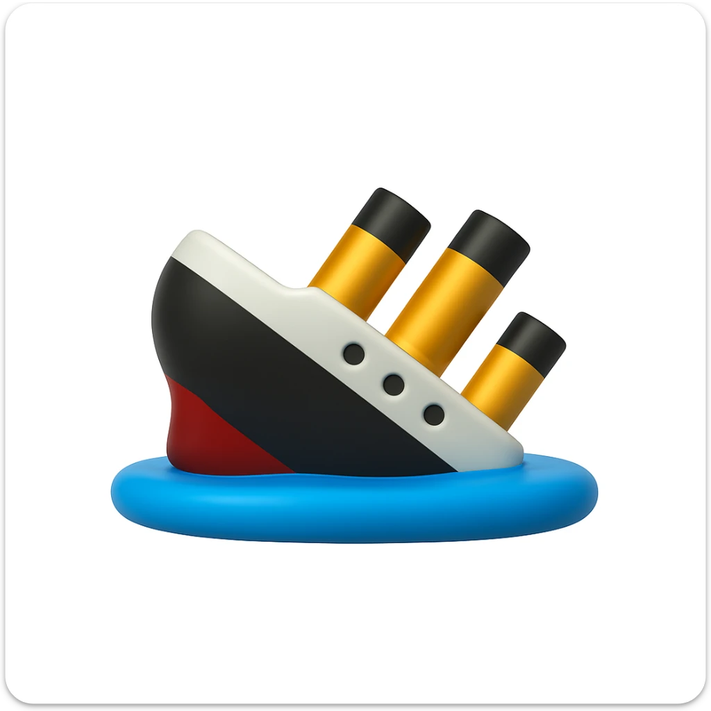 A 3D emoji in iOS emoji aesthetic style of a ship almost completely submerged underwater, with only the back tip of the vessel still visible above the ocean surface, calm blue water, no waves, glossy Apple-style design, clean white background

 sticker