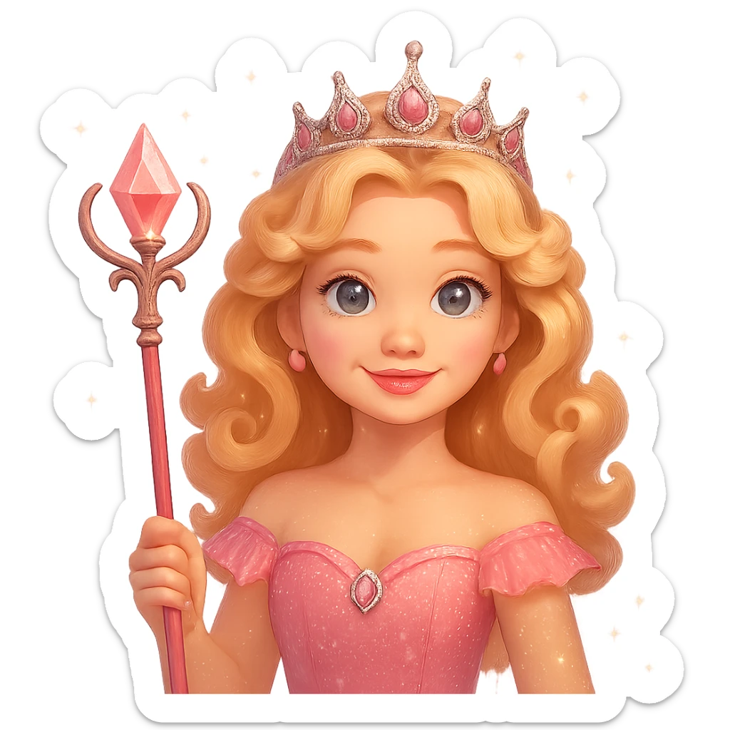 Change Glinda's dress to pink, keep her smiling expression, curly blonde hair, tiara, and wand. Remove the background. The style should resemble a cheerful fairy tale character with a magical and sparkly appearance. sticker