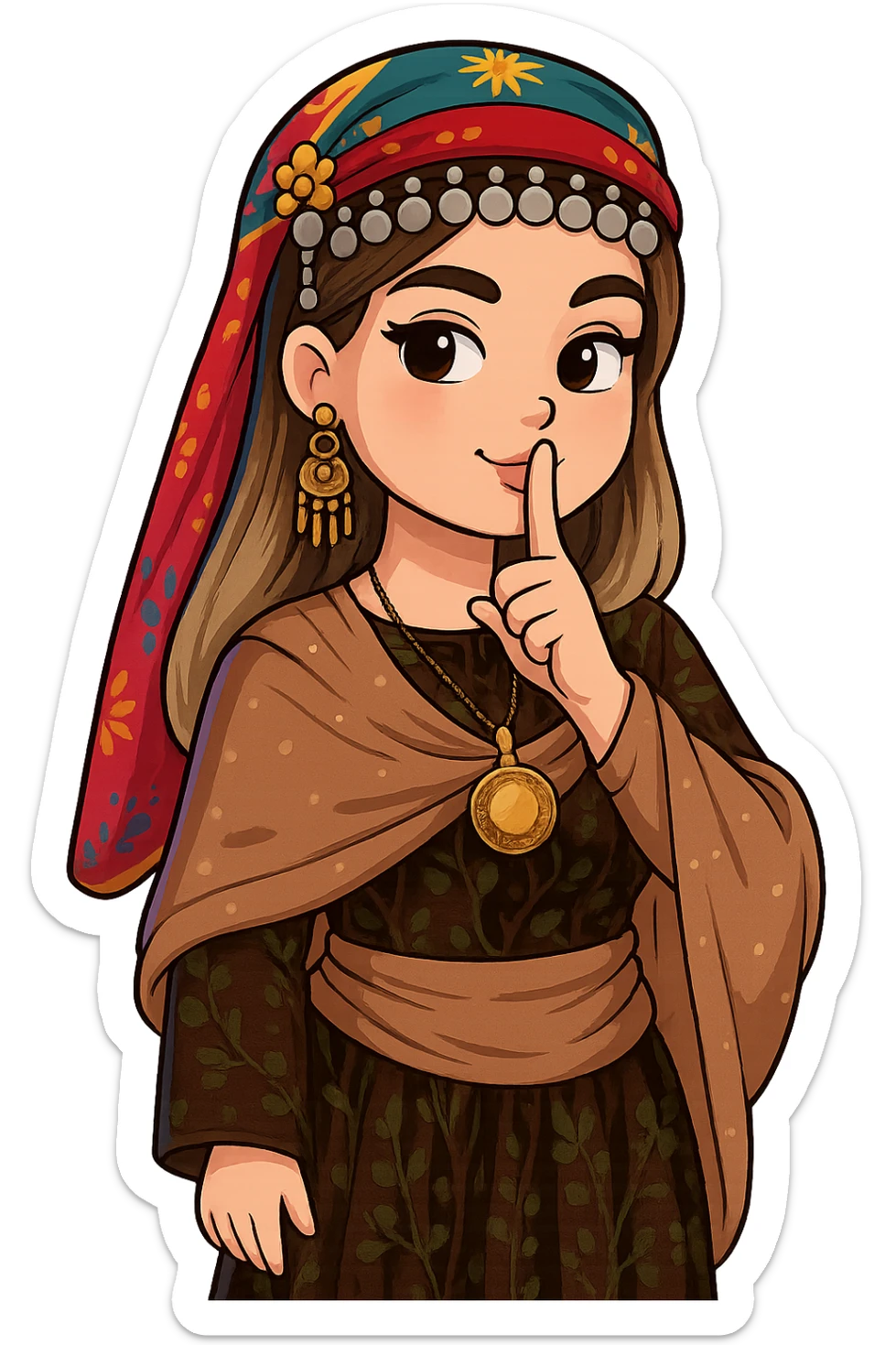 Kurdish cartoon sticker of the same woman in the new dress, making a 'shh' gesture with finger on lips, playful or secretive expression, no text, transparent background, chibi stickers style. sticker