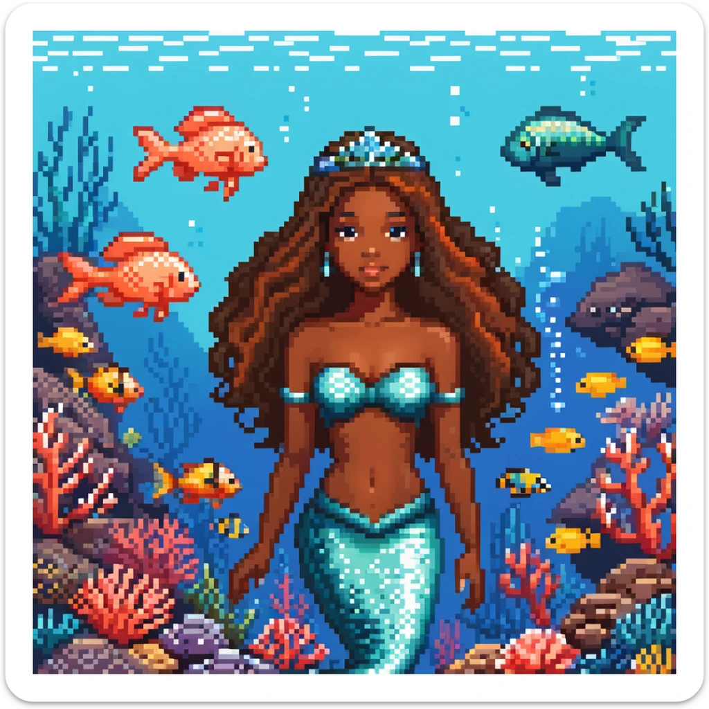 Dark brown skin beautiful mermaid princess in ocean setting with coral reef and fish sticker