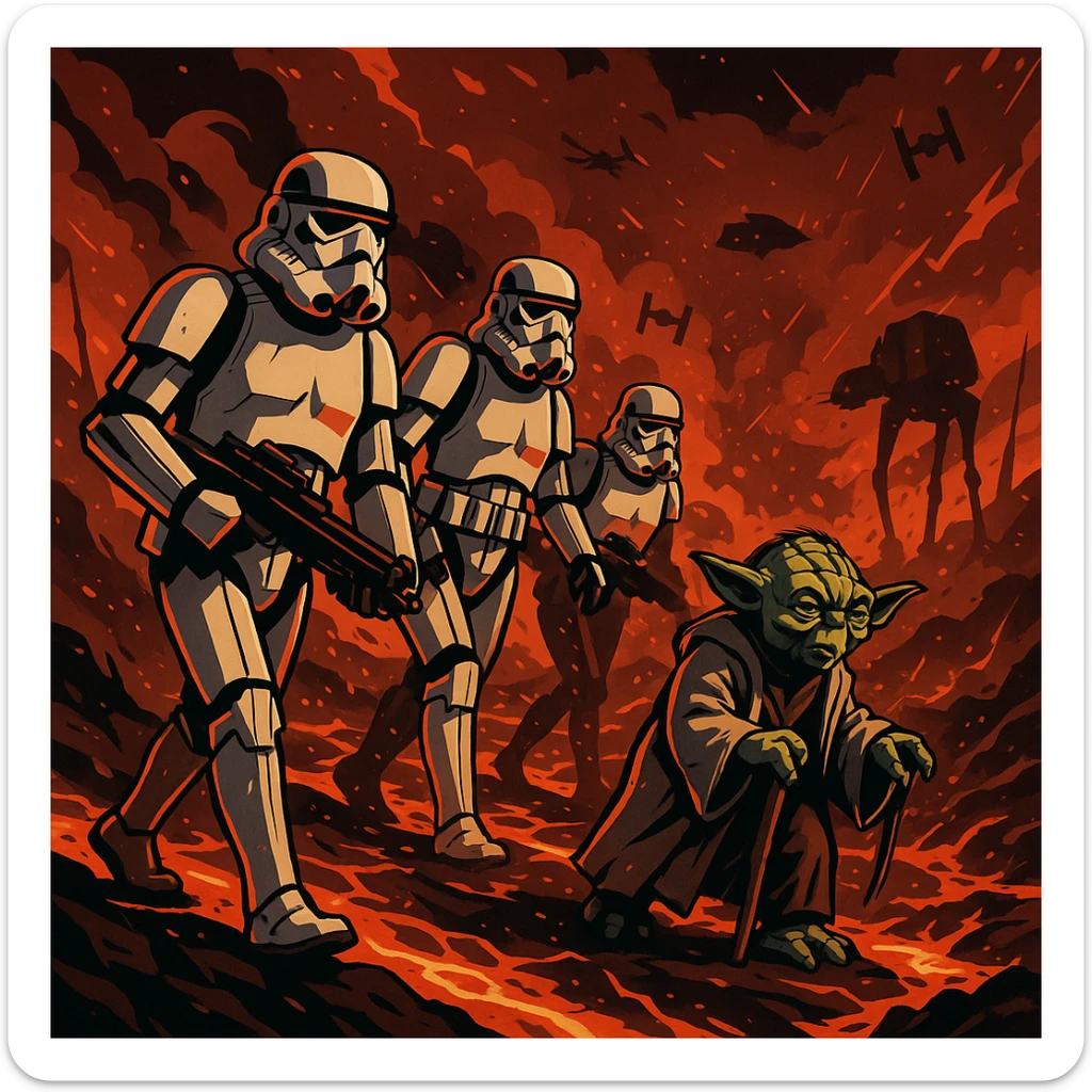 vector art of a Starwars stormtroopers is walking on lava planet with yoda, battleground background 
 sticker