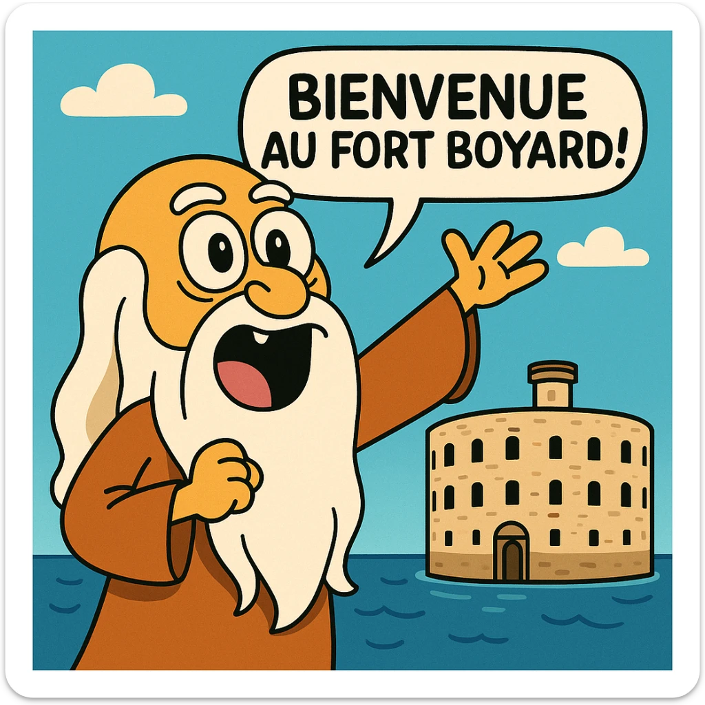 Père fouras  de fort boyard qui cri bienvenue au fort boyard // style enfantin dessin animé cartoons américain style gumball sticker