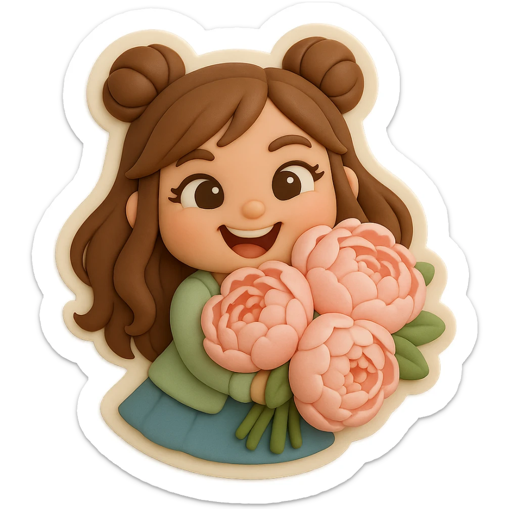 3D chibi fondant cake art style, high-quality rendering with smooth shadows and soft gradients. Girl based on reference image, preserving facial features and eye shape exactly as in the reference. Long brown hair styled in two space buns, brown eyes. Thick white outline like a sticker, transparent background. She is smiling widely and holding a lush bouquet of giant soft pink peonies close to her chest, some petals touching her cheeks. sticker