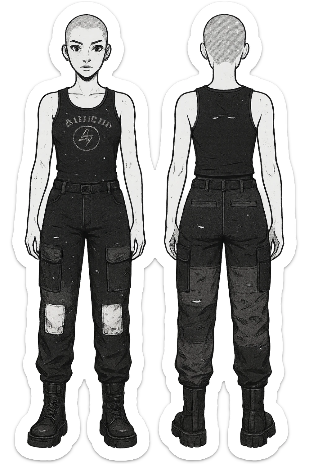1 female outfit design for a VTUBER OC. The style is mixed 90's grunge, punk, lots of black and white in the color scheme, futuristic aesthetic. Clothing has small rips and tears from wear, logos and designs are faded. Garage, Shoegaze, postmodern style. character design concept art outfit for a female. [[FUTUREPUNK CYBERGOTH]] front on view, not 3/4 angle or any angle, perfect front, front and back view of each design, black and white patched gorka-style cargo lower, black graphic tanktop upper, buzz cut sticker