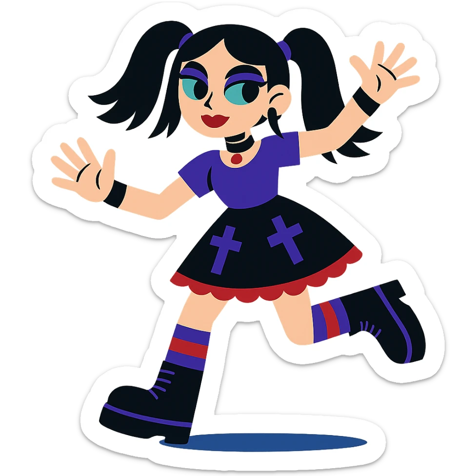 gothic girl, bold colors, playful gothic fashion, dynamic pose, vibrant toon style sticker