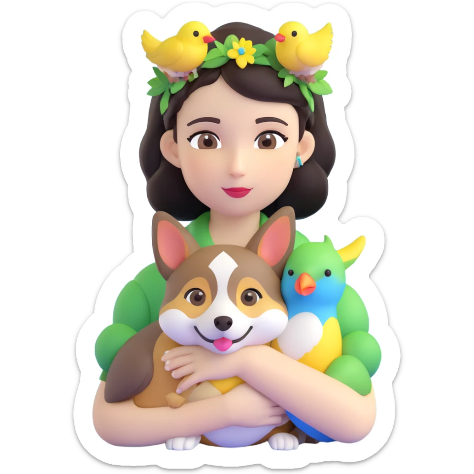 Dark short hair, dark brown eyes with pale skin and thin eyebrows girl hugging a welsh corgi. And a green-reddish lovebird on her head with yellow, blue love birds around her. sticker