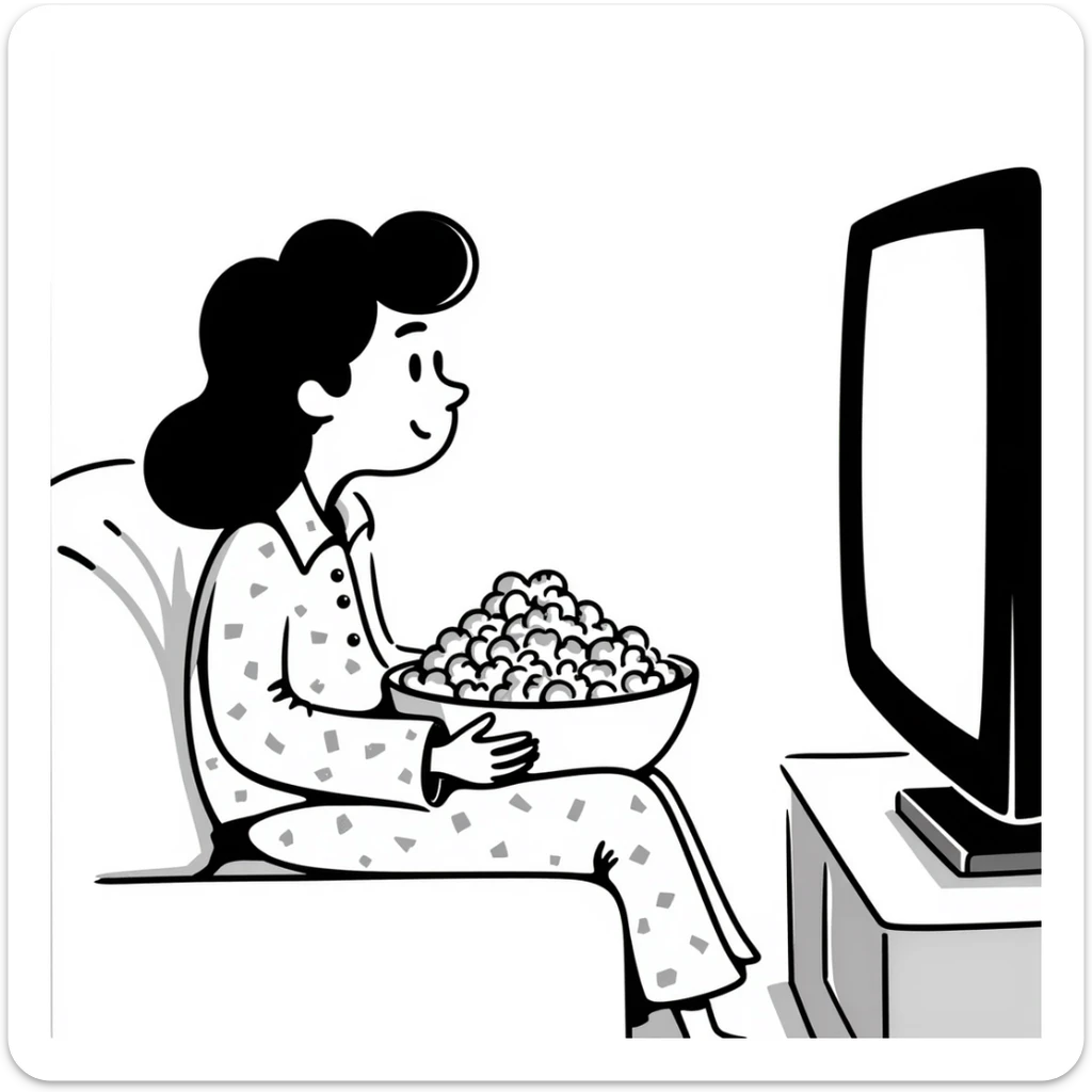 Hand-drawn person in pajamas watching movie at home with a big bowl of popcorn, tv light glowing sticker