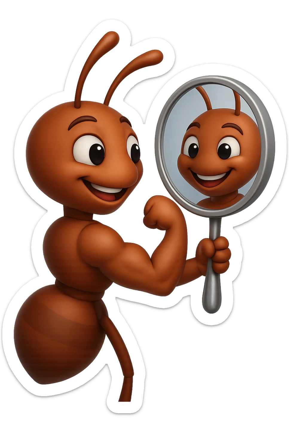 EMOJI STILE IPHONE 3D DI una formica che si guarda allo specchio felice e sicura di sè mentre contrae il suo bicipite muscoloso, fagli anche la parte bianca degli OCCHI, non solo la pupilla sticker