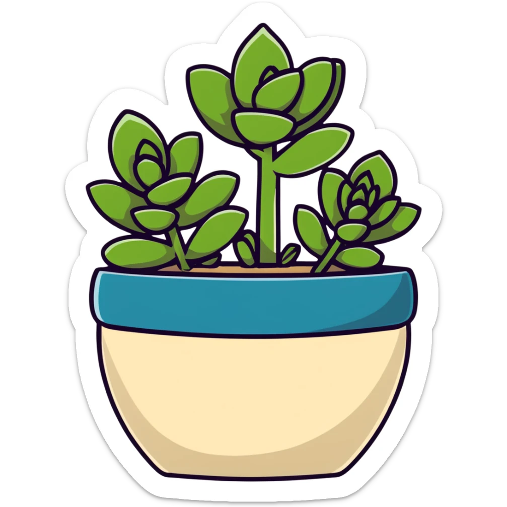 Sedum Pachyphyllum succulent with chubby blue-green leaves in a beige ceramic pot sticker