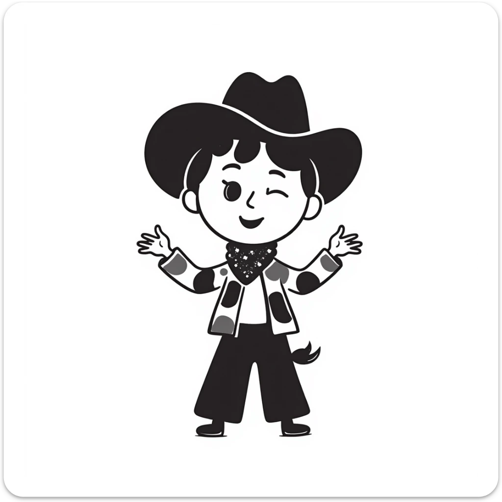A hand-drawn plush cowgirl toy with a bandana, hat and a cute smile sticker