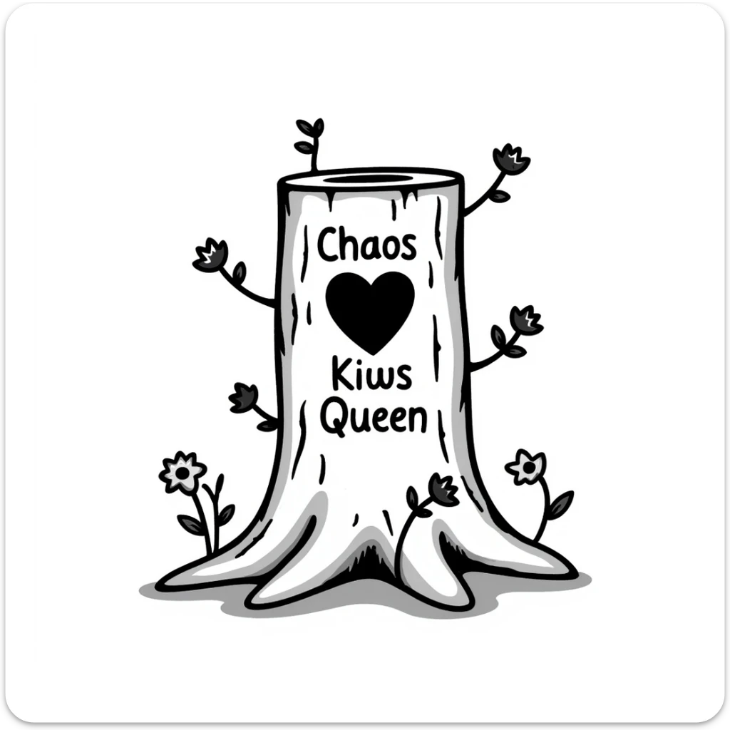 cartoonish tree stump with a heart carved inside, the words 'Chaos King' and 'Chaos Queen' carved inside the heart, vines and wildflowers growing around it, hand drawn doodle style sticker