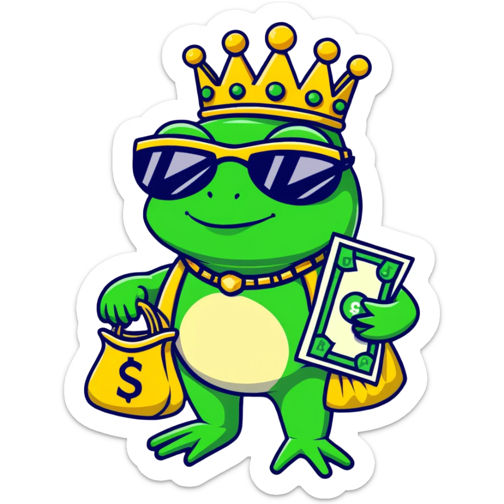 gangster frog king with gold crown, cool sunglasses, gold chain, money bag sticker