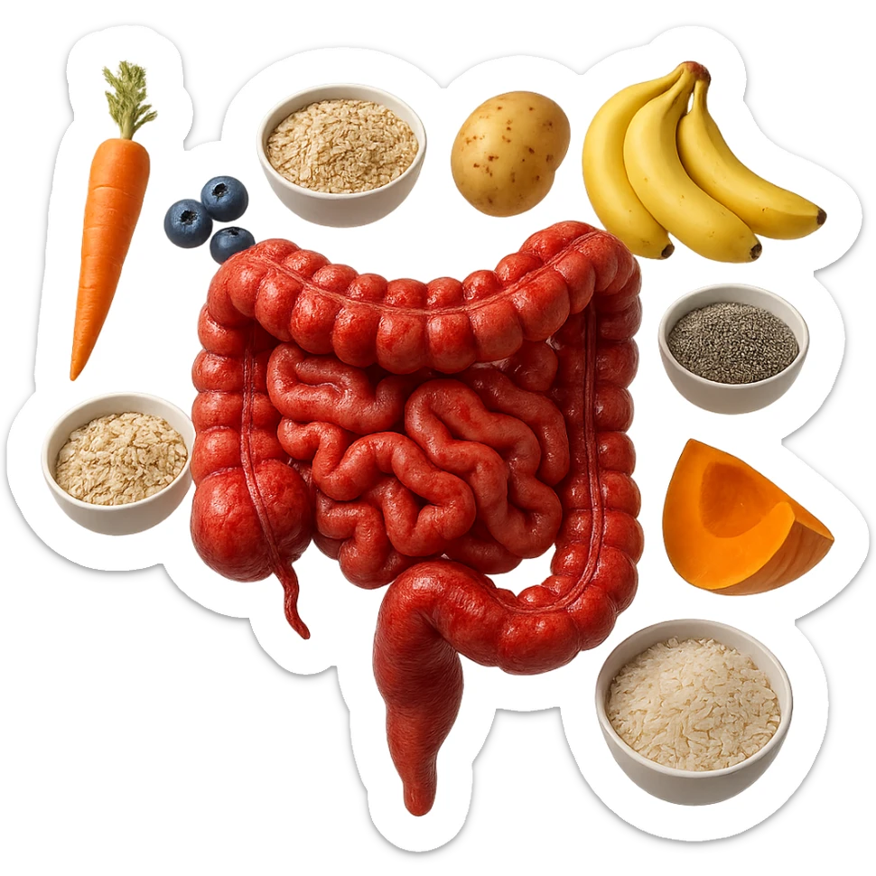 intestino umano anatomico infiammato con carota, bowl di avena, mirtilli, bowl di semi di chia, patate, banane, zucca, bowl di riso che gli fluttuano dietro, iperrealistico 4k sticker