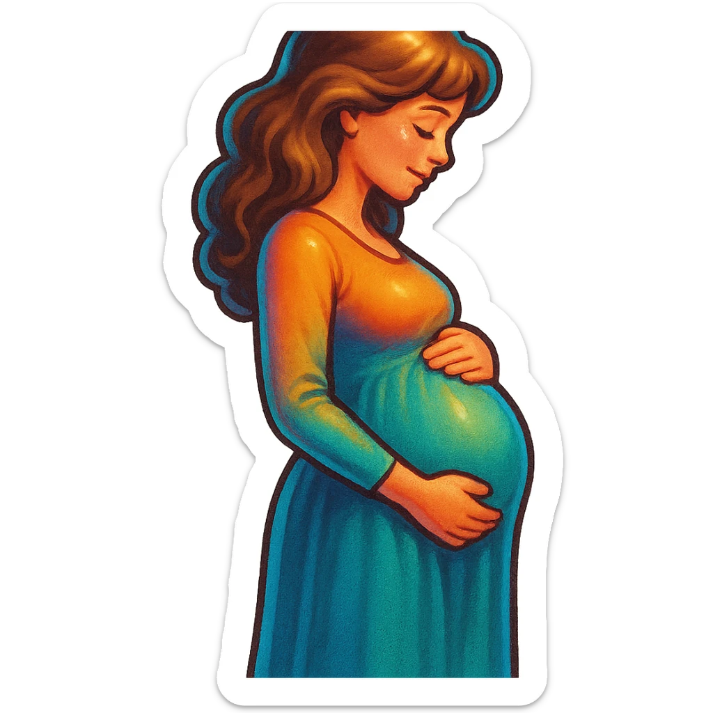 pregnant girl in long dress standing sideways holding belly, retro stickers style, soft rounded shapes, expressive contours, vintage color palette, light paper texture, shadows and highlights, transparent background sticker