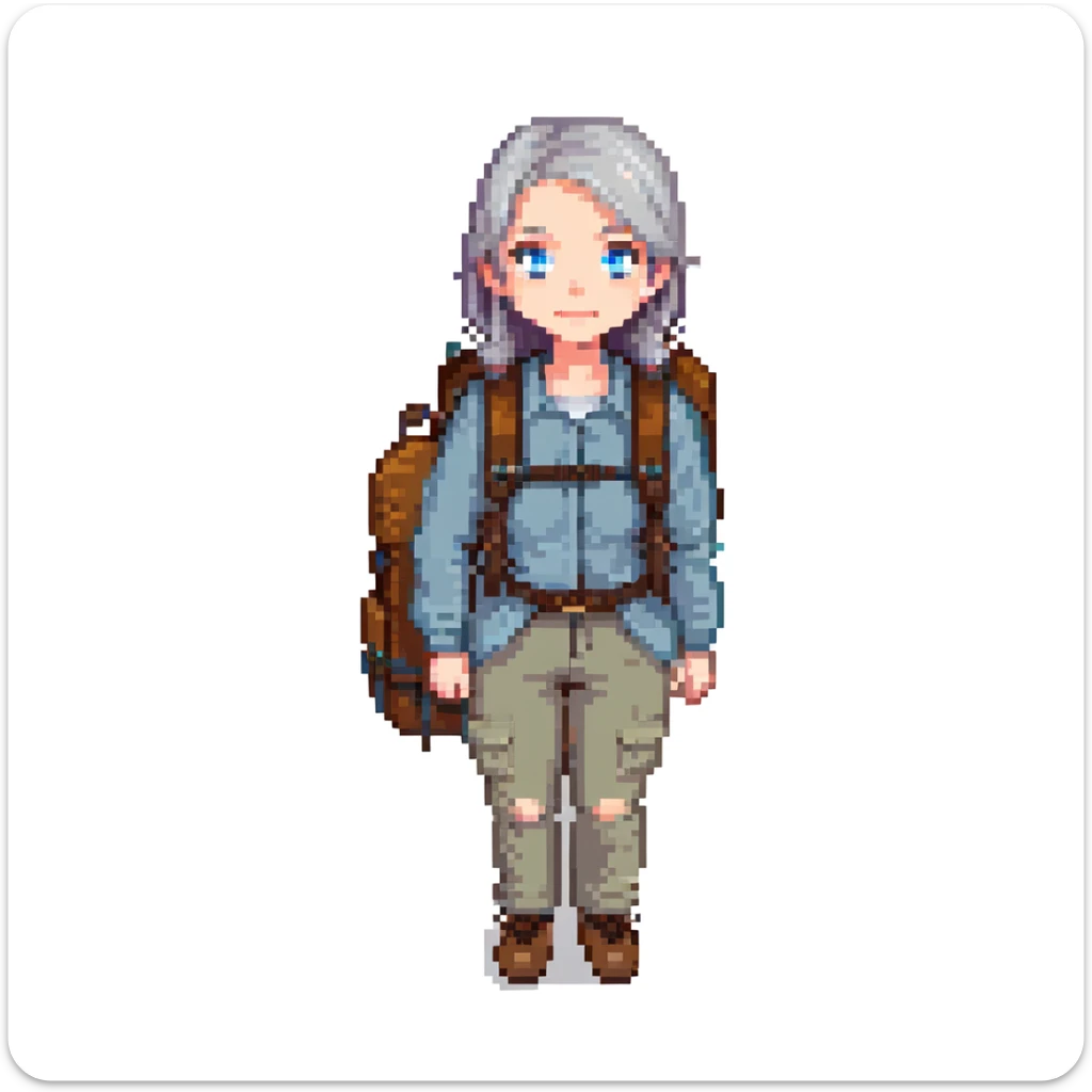white woman park ranger with blue eyes, brown and gray hair, wearing a backpack, standing in a nature background sticker