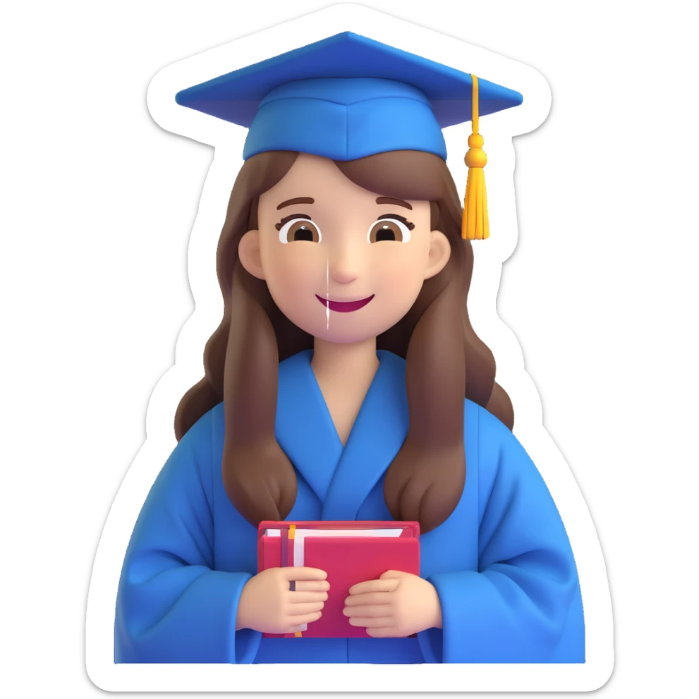 girl with long brown hair in graduation clothes with hat and robe smiling, emoji style sticker