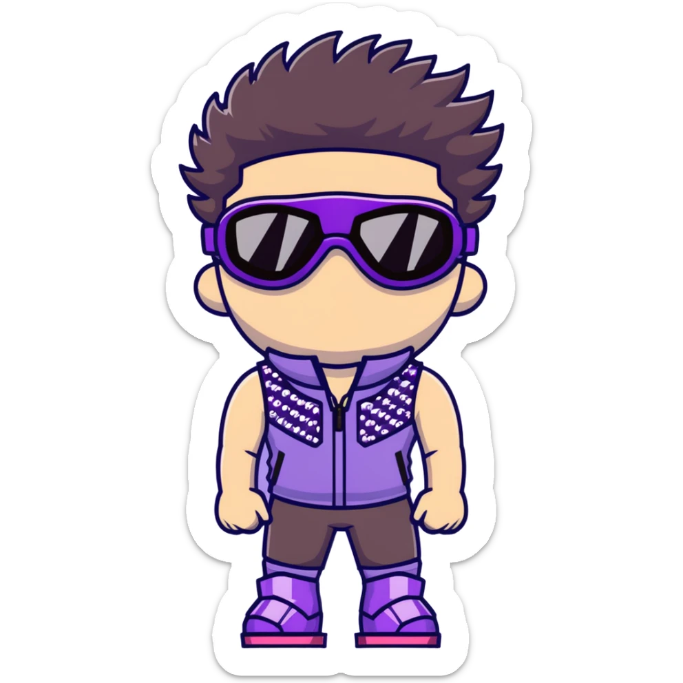 male athlete with white skin and moderately curly dark brown hair on top with shaved sides, wearing ski goggles with purple frames and very dark black lenses, a simple plain black chain necklace, and a completely unzipped sleeveless vest with purple and black sequin fire pattern design with no logo, fully revealing his chest, shoulders and arms, no earrings sticker