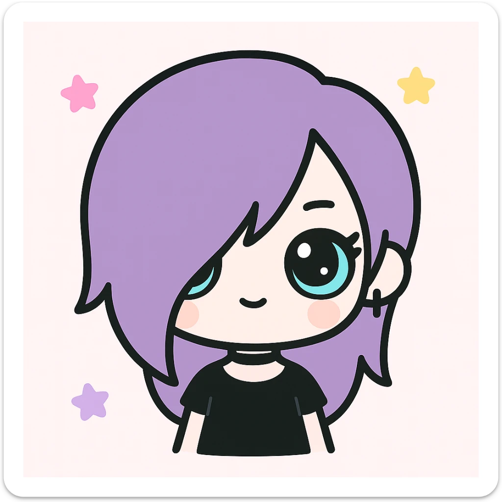 goth girl with purple asymmetrical hair, blue eyes, pale skin, chibi style sticker