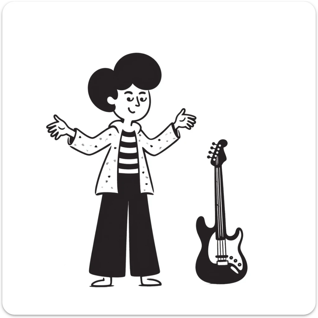 A musician smiling and shrugging shoulders with a carefree attitude, happy and unbothered expression, suggesting "it's up to you if you continue like this, I'm happy" sticker