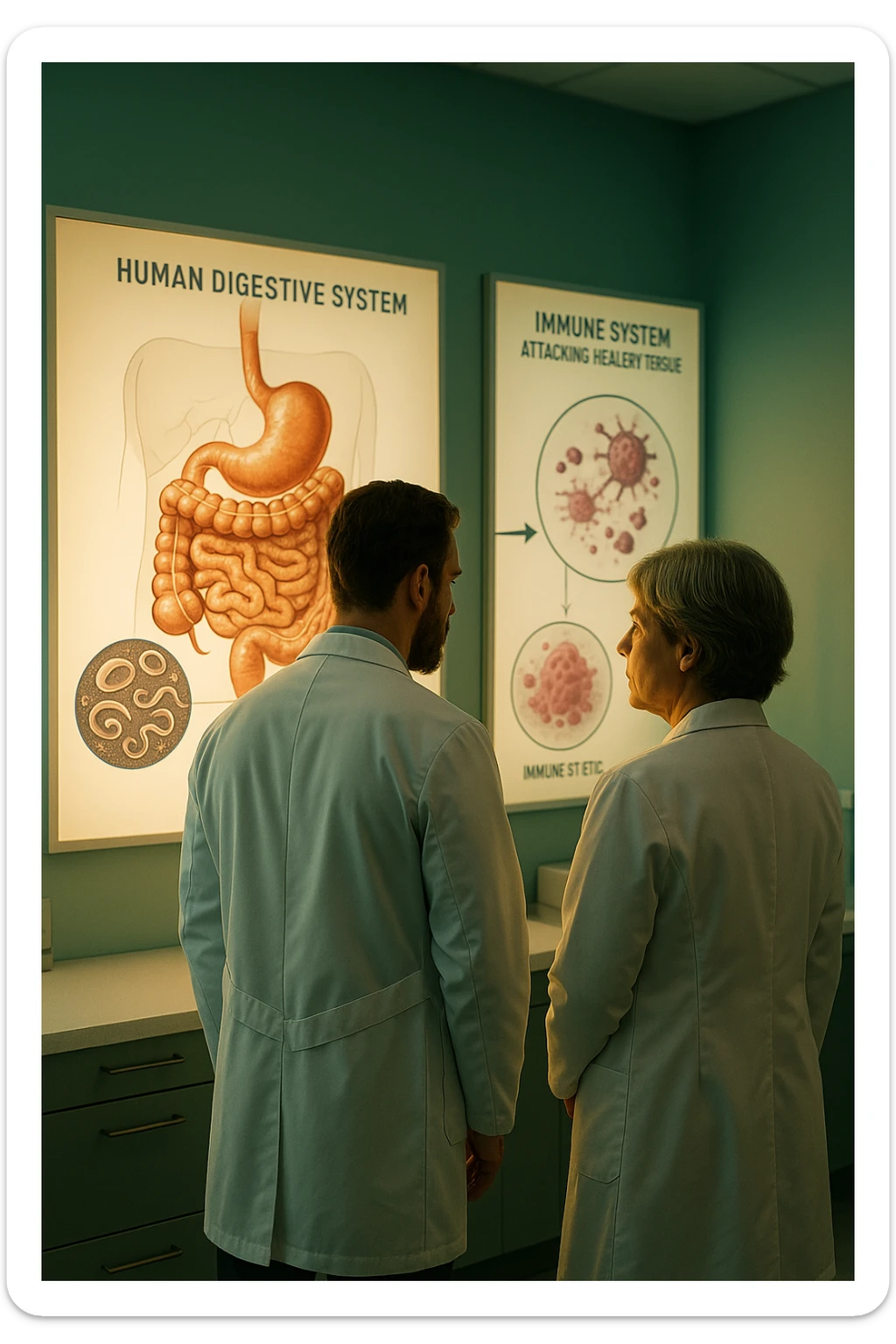 In italiano Realistic, detailed photo taken from behind of two doctors—a bearded man and a middle-aged woman—standing side by side in a modern medical office, intently studying a large, illuminated medical chart on the wall. The chart displays a detailed diagram of the human digestive system, highlighting the intestines and showing microscopic images of intestinal parasites. Next to it, another chart illustrates the immune system attacking healthy tissues, visually connecting gut parasites to autoimmune disease mechanisms. The room is bathed in a single green-blue color, with a warm, yellow-orange light casting soft shadows around the doctors. Both wear white coats and have serious, focused expressions, suggesting a deep discussion about the root causes of autoimmune conditions. Shot with a Canon EOS R5, with high detail, natural depth of field, and a clinical yet dramatic atmosphere. sticker