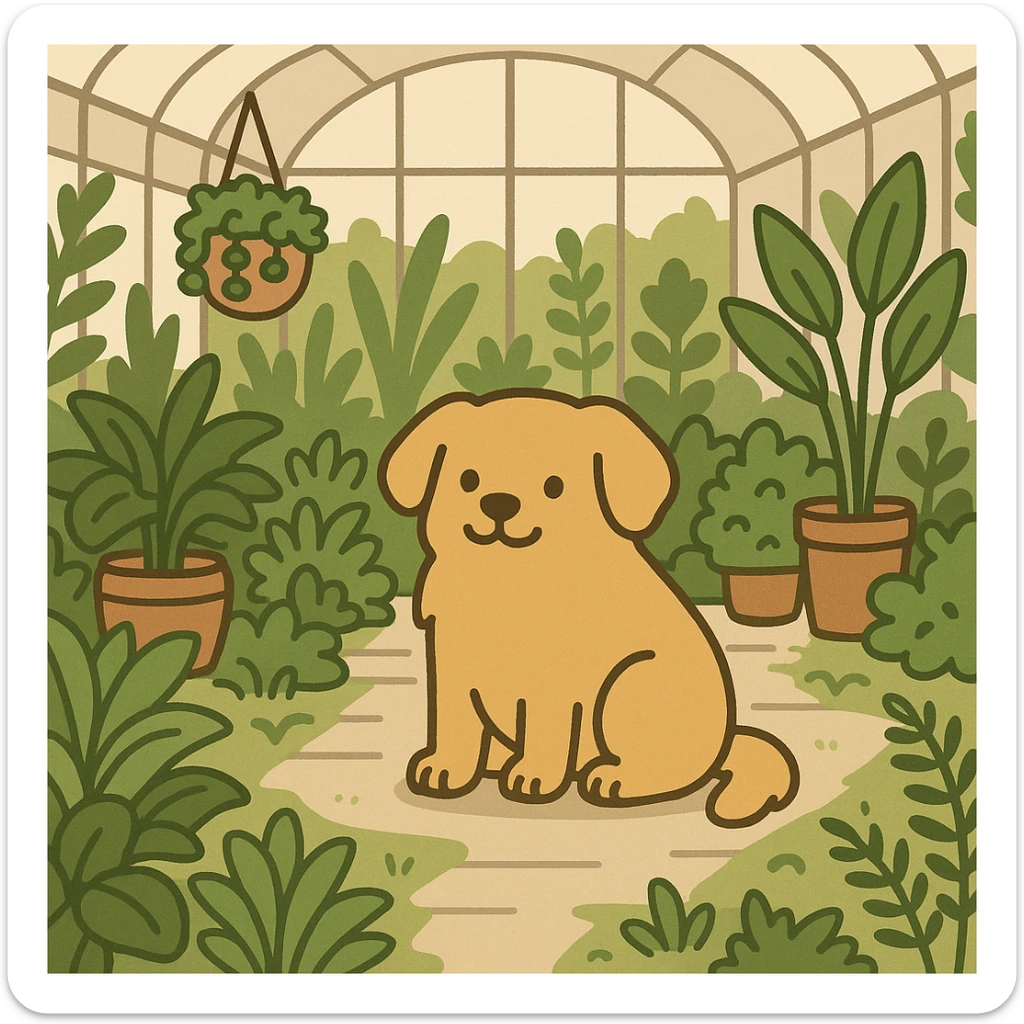 pusheen-style flat toon golden retriever in a botanical garden greenhouse sticker