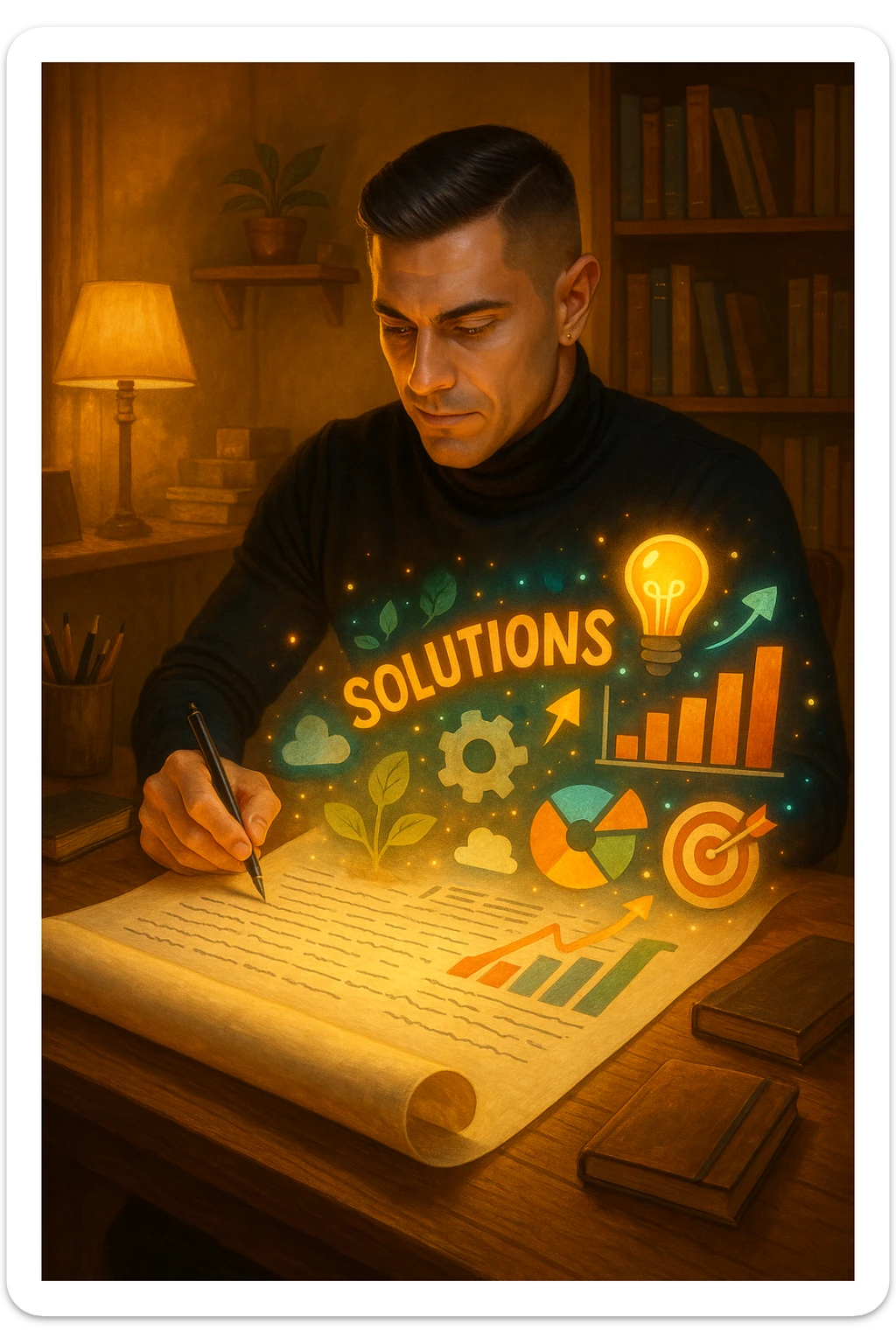 Un uomo concentrato, seduto alla sua scrivania in una stanza con luce calda, sta scrivendo su un enorme foglio di carta che si espande magicamente davanti a lui. Mentre scrive, le parole si trasformano in elementi visivi tridimensionali che rappresentano le soluzioni ai suoi problemi sticker