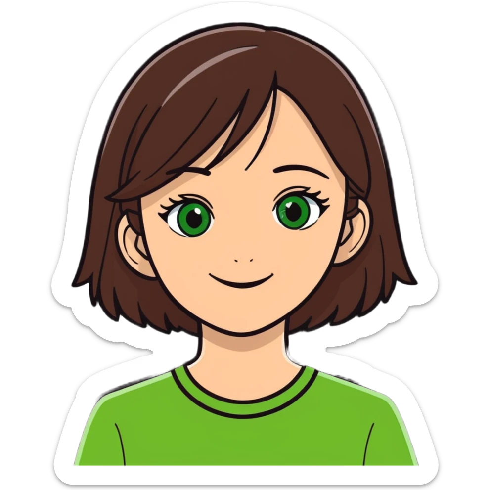 girl with middle and dark brown hair, green eye, happy sticker