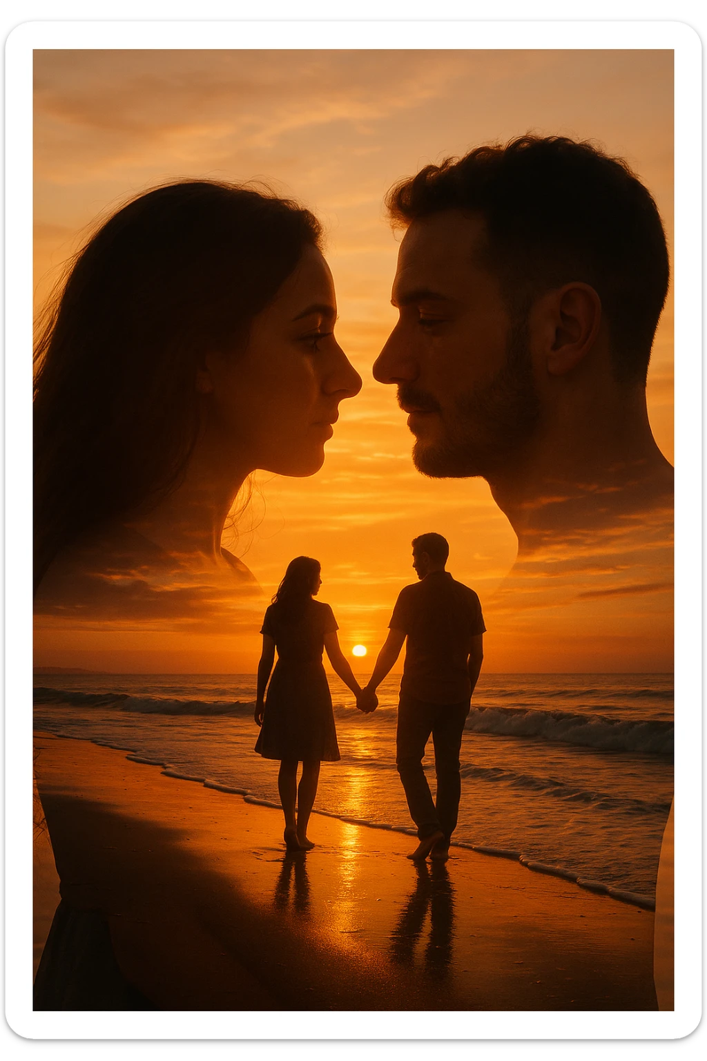 Una doppia esposizione cinematografica di noi di profilo, con un paesaggio di spiaggia al tramonto integrato nella silhouette.
La scena interna ci mostra entrambi camminare sulla sabbia bagnata, tenendoci per mano, con le onde del mare che si infrangono è facile e un cielo colorato dagli ultimi raggi di sole. Atmosfera calda e intima, toni dorati arancioni, dettagli fini ed espressivi, risoluzione 8K. sticker